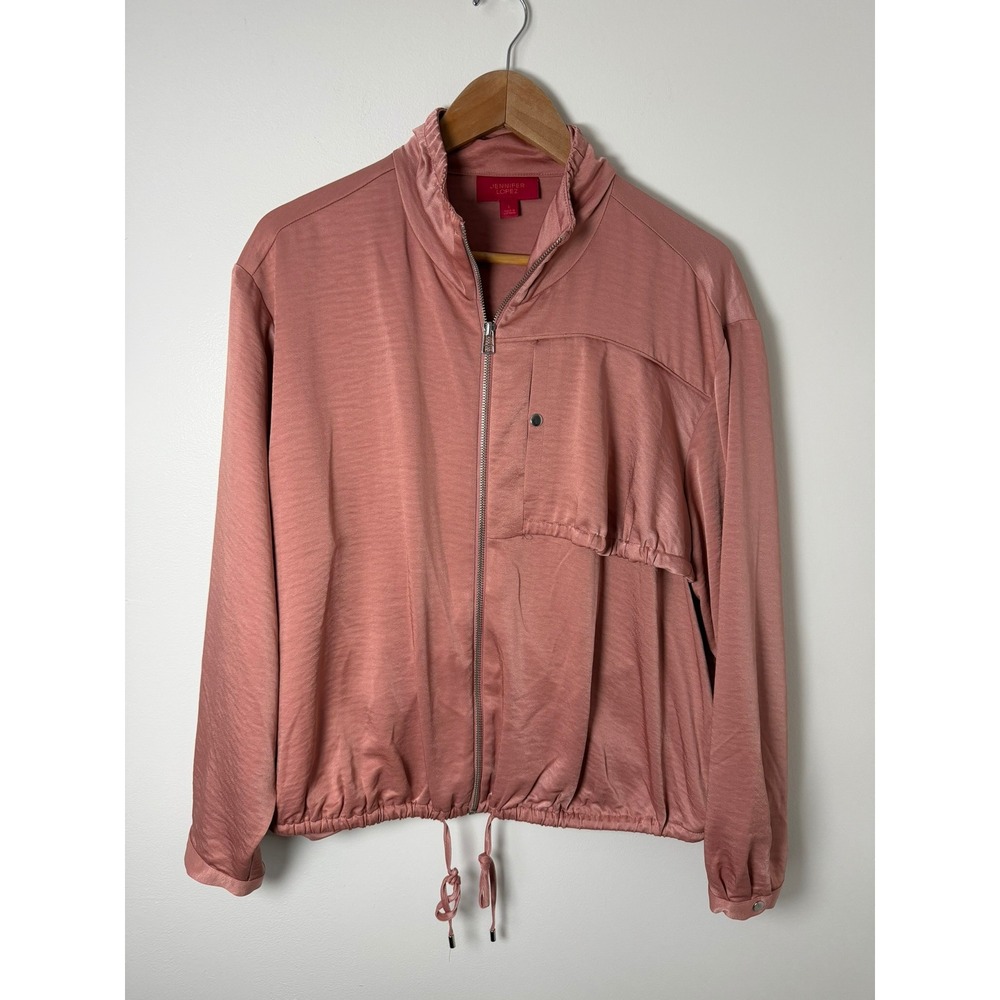 Jennifer Lopez Womens Mauve Pink Satin Full Zip Bomber Jacket Large Mock Neck